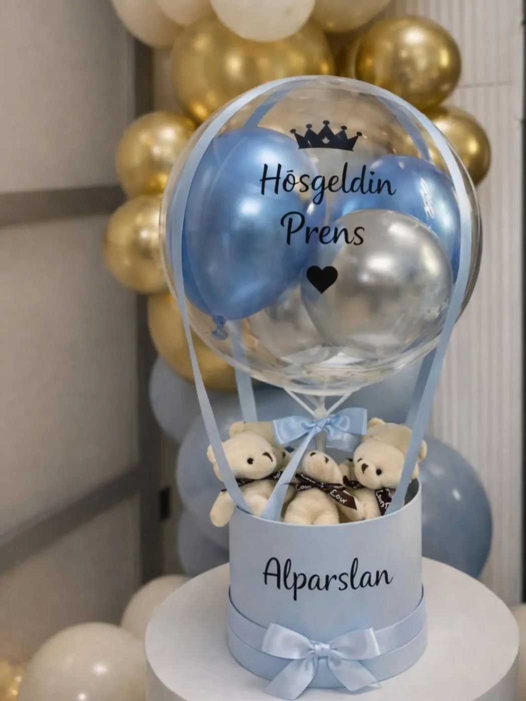 Mavi kutuda Hoş Geldin Prens yazılı ayıcıklı bobo balon